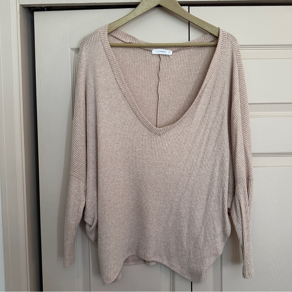 Six/Fifty Ribbed V-Neck Slouchy Sweater